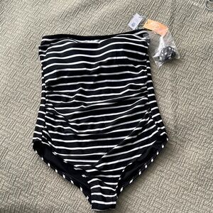 Kona Sol Black and White Striped Strapless Swimsuit